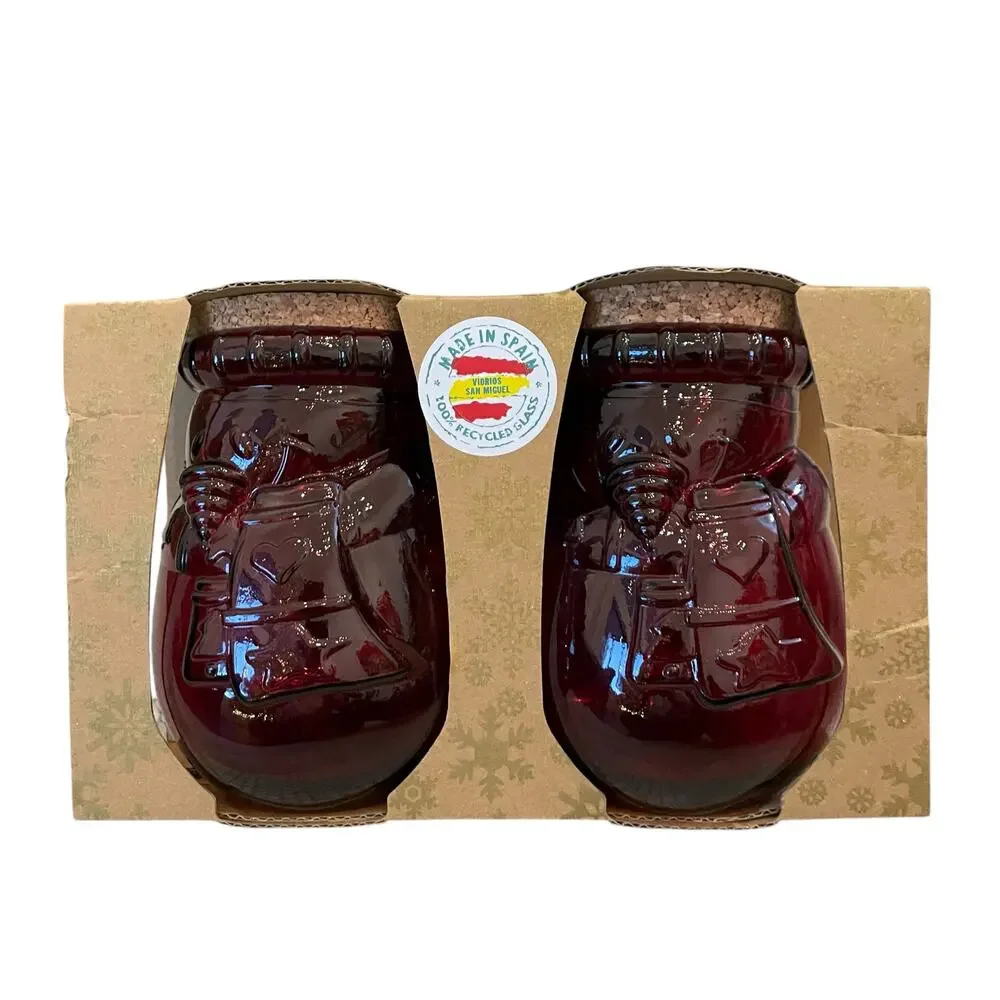 Vidrios San Miguel Red Glass Snowman Jars Set Of 2 New In Box Made In Spain